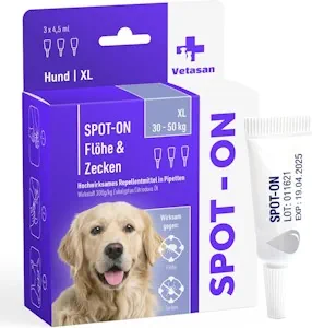 Vetasan Spot-ON für Hunde 30-50kg (XL) | gegen Flöhe & Zecken | 3 Monate Schutz | HOCHWIRKSAM | Zeckenmittel für Hunde Zeckenschutz | Hundeflohmittel