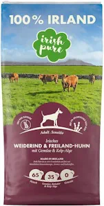 Irish Pure Trockenfutter Adult | 1,5kg | Weiderind & Freiland-Huhn mit Kelp-Alge | Hoher Fleischanteil | Getreidefrei | Sensitiv | Hundetrockenfutter | Hundefutter für alle Rassen